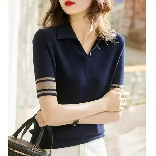 现货冰丝针织t恤短袖上衣女夏季年新款短袖打底衫娃娃领翻领t恤薄