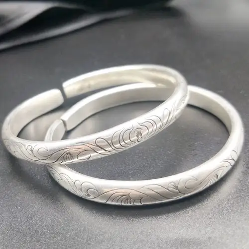 苗银贵州苗族银饰半圆手工刻花开口胖瘦均可手镯