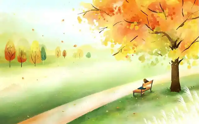 水彩秋天公园插画手绘秋日风景背景秋天树木植物落叶秋分节气秋天枫叶