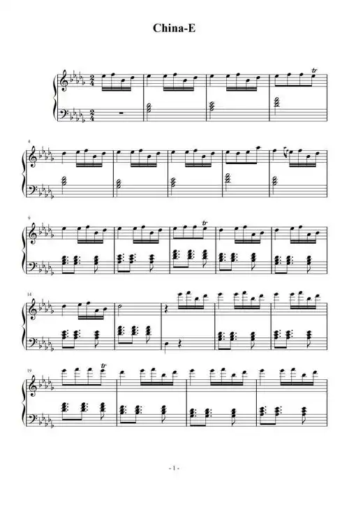 chinae钢琴谱裁缝铺降d调流行钢琴五线谱