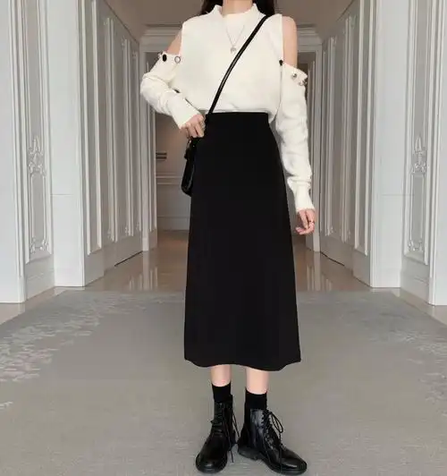 半身裙秋冬女西装长裙2021秋季高腰a字裙中长款黑色l建议腰围72厘米