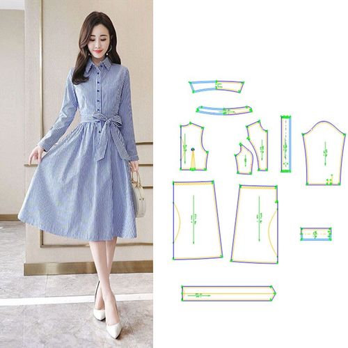 纸样长袖连衣裙春秋时尚气质收腰显瘦裙女装打版服装剪裁图纸412