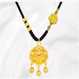 杜尊老凤凰999足金平安锁黄金项链女镂空长命锁编织绳莲花转运珠项链