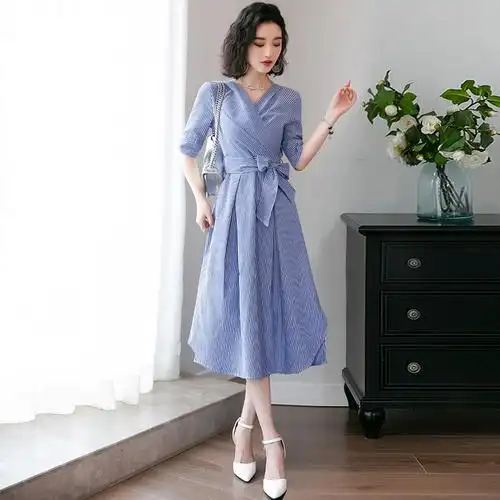 v领条纹衬衫连衣裙女装夏装2018新款中长款气质