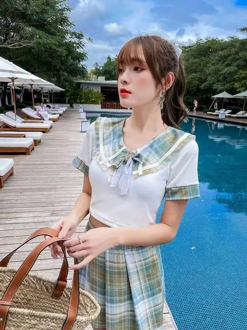 夏季精选jk制服分体泳衣女可爱日系网红保守裙子显瘦小胸超仙气泳装
