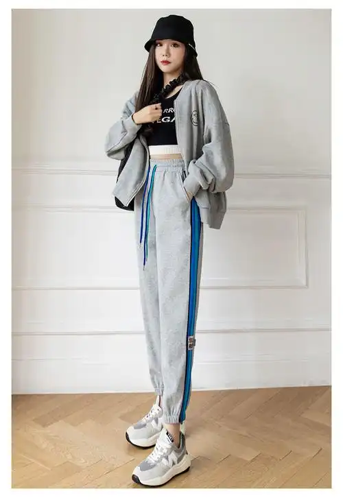 休闲裤女春新款2022春夏运动裤女春季彩条裤子织带宽松束脚卫裤休闲裤