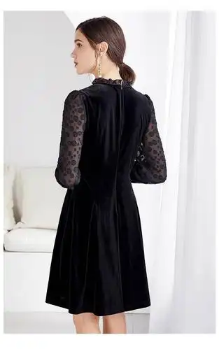 金丝绒长裙长袖连衣裙 三彩库存女装服装批发 杭州四季青服装