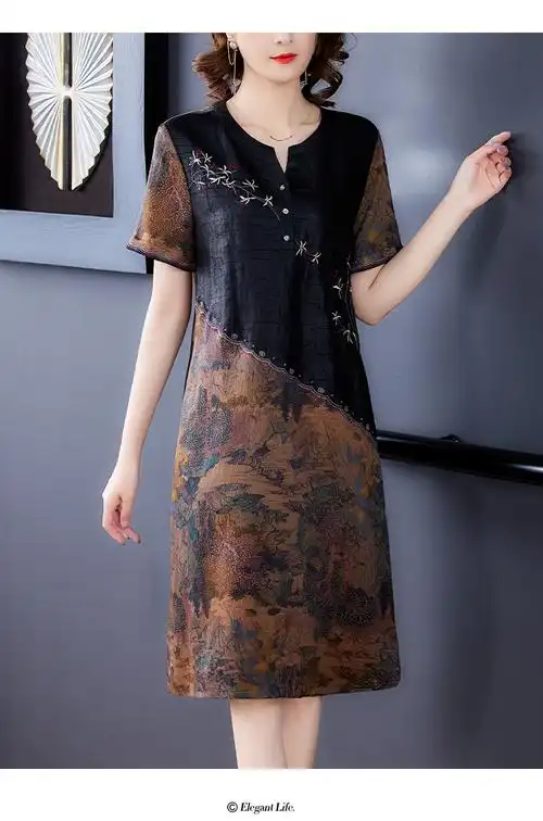 8885#香云纱连衣裙女珍珠缎拼接龟裂纹妈妈直筒裙子_雨晴网络服饰yqw