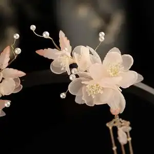 汉服头饰古风绢花朵边发夹中国风古代少女超仙流苏发饰古装配饰品