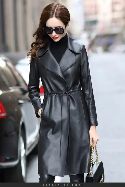 法劳格品牌女装真皮皮衣女中长款2020秋冬新款时尚潮流简约系带绵羊皮