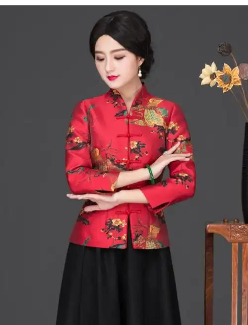华族经典改良短款长袖唐装上衣2017秋冬新款时尚修身气质旗袍上衣_7折