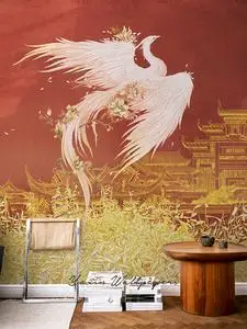 新中式白色凤凰壁纸客厅卧室电视背景墙墙布民宿酒店定制无缝壁画
