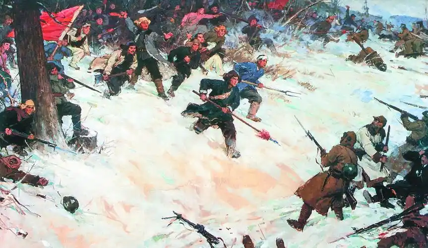 美术作品《伏击战》:抗联战士利用山林中特殊的地形和气候而展开