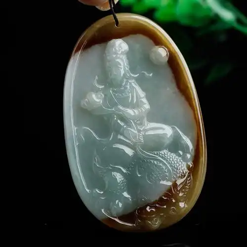 正品a货天然巧色黄翡双彩翡翠文殊菩萨吊坠精工玉文殊玉佩本命佛