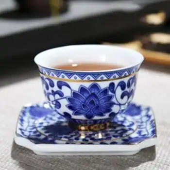 描金青花瓷品茗杯碟釉下彩锦上添花小茶杯青花茶杯主人杯子e