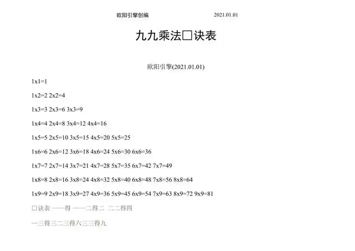 九九乘法口诀表背诵新方法一览表