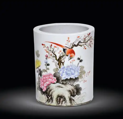 程意亭 红鸟牡丹图笔筒