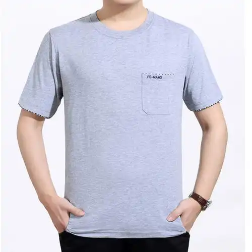 夏天中年男士短袖t恤衫园领真口袋中老年男士纯棉休闲宽松体恤衫