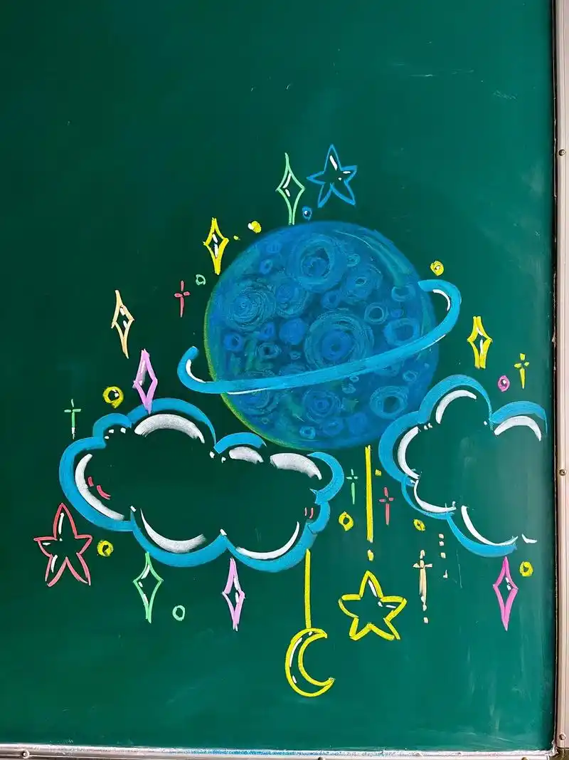 星球系列黑板报.#黑板报 #素材分享 #简笔画 #粉笔画 # - 抖音