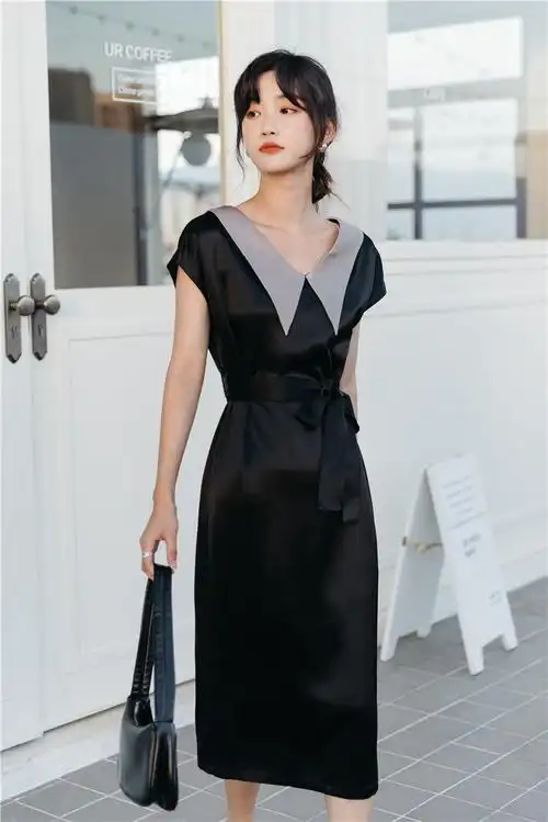 夏装2020新款高端法式复古方领气质真丝醋酸连衣裙女夏