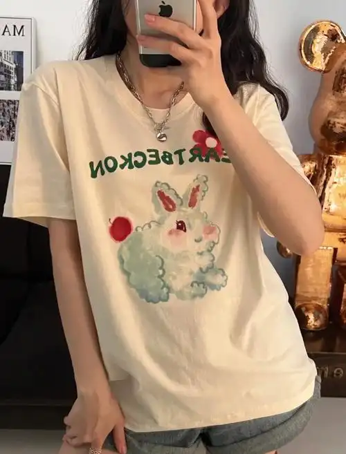 潮牌t软奶黄色小兔子短袖t宽松t恤女款