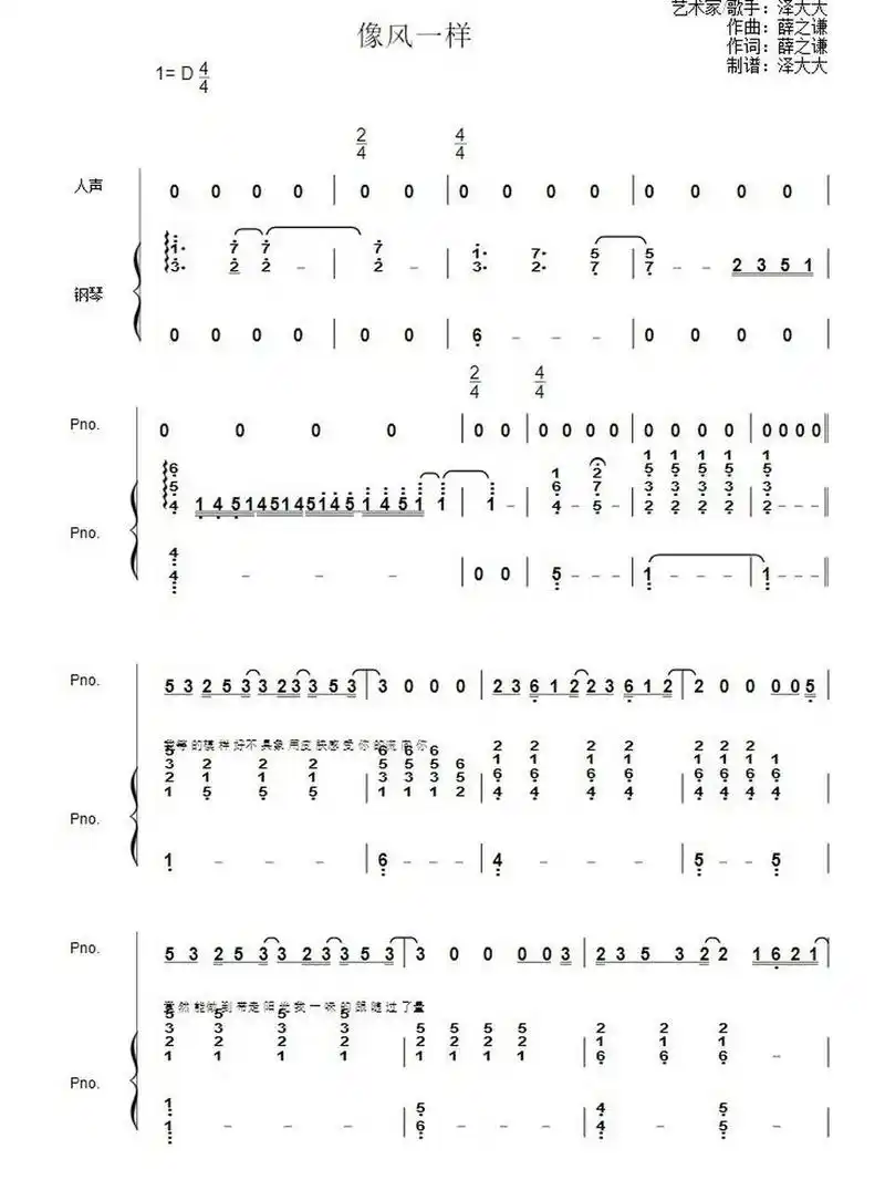 《像风一样》钢琴简谱分享~ 今日份钢琴简谱~ d调,带和弦 · "风好像