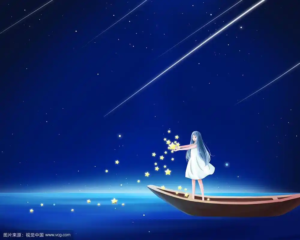 唯美的星空下一个女孩在小船上手捧星星