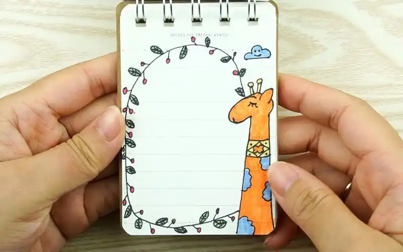 儿童迷你便签本手绘,卡通长颈鹿和叶子果实图案简笔画