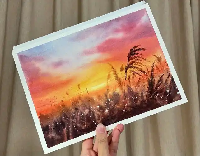 水彩照片改绘夕阳芦苇含步骤图