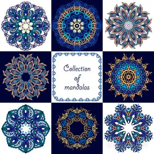 集民族曼荼罗的蓝色和金色老式的装饰元素伊斯兰教阿拉伯语印度奥斯曼