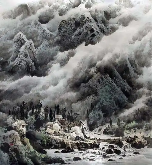 庞泰嵩画家云雾缭绕远映山水间二