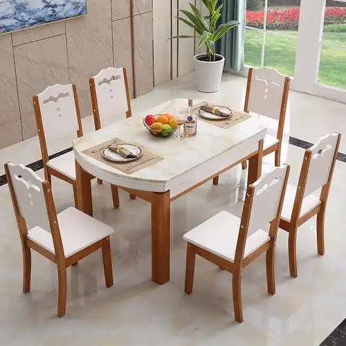 大理石餐桌桌椅组合8人可伸缩折叠圆形小户户型餐桌