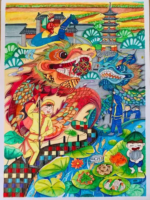 舞龙灯,走马灯,宝塔,老街门头,螃蟹,荷花,美食.