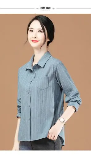 施悦名 条纹衬衫女2020春装新款韩版宽松polo领复古港味长袖衬衣a
