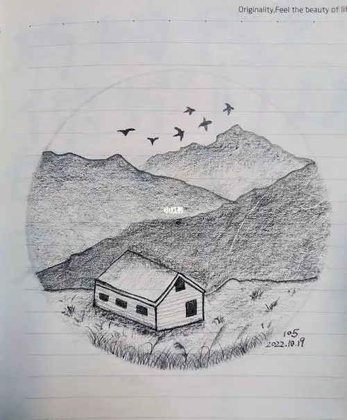 山脚下的房子风景素描铅笔画
