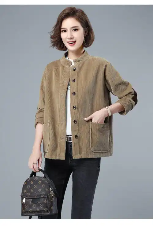 加绒短款外套女条绒2020秋装新款宽松显瘦休闲加厚保暖灯芯绒上衣 咖