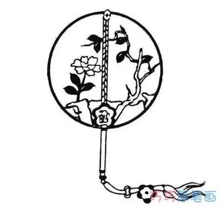 画中国风青花瓷双面圆扇子旗袍走秀梨花颂宫扇加长坠穗古风扇子简笔画