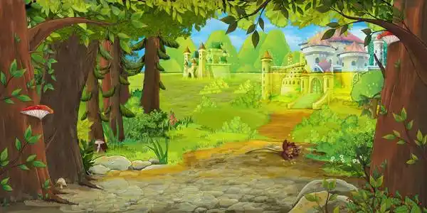 城堡动画动画片自然场面与美丽的城堡在森林附近例证为孩子照片