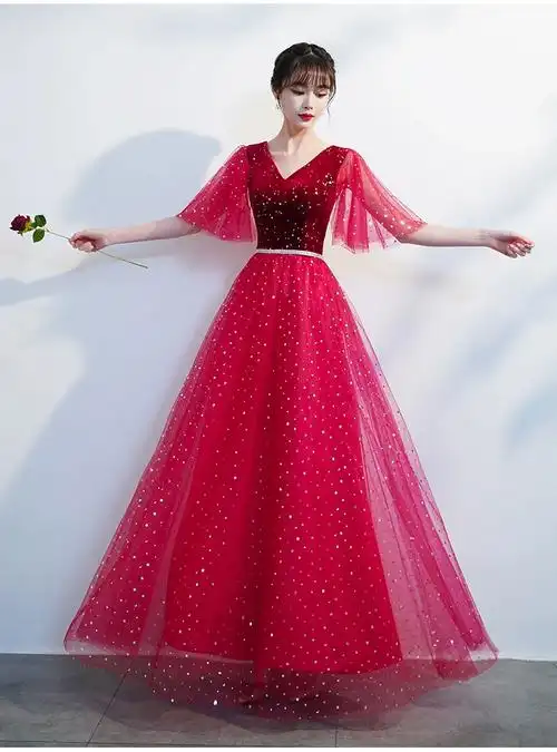 朗诵比赛新款红色礼服大合唱学生团演出服女成人长裙中老年舞台装