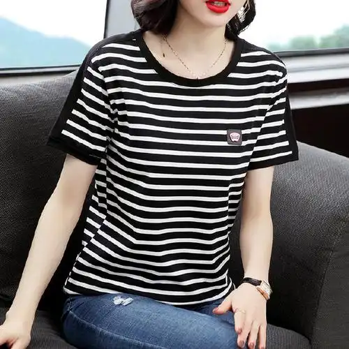 8】2024新款纯棉条纹短袖    2024新款纯棉条纹短袖t恤女夏季大码女装