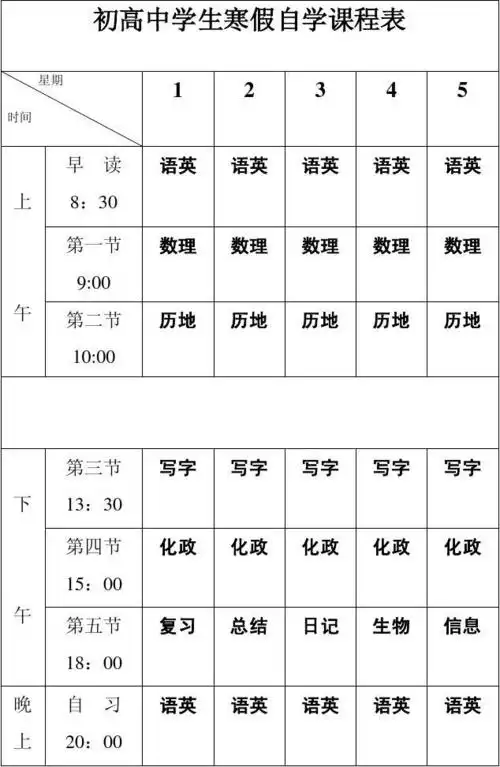 初高中学生寒假自学课程表