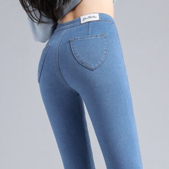 蜜桃臀牛仔裤夏薄弹性提臀紧身蜜桃臀牛仔裤女小脚裤高腰收腹浅蓝色单