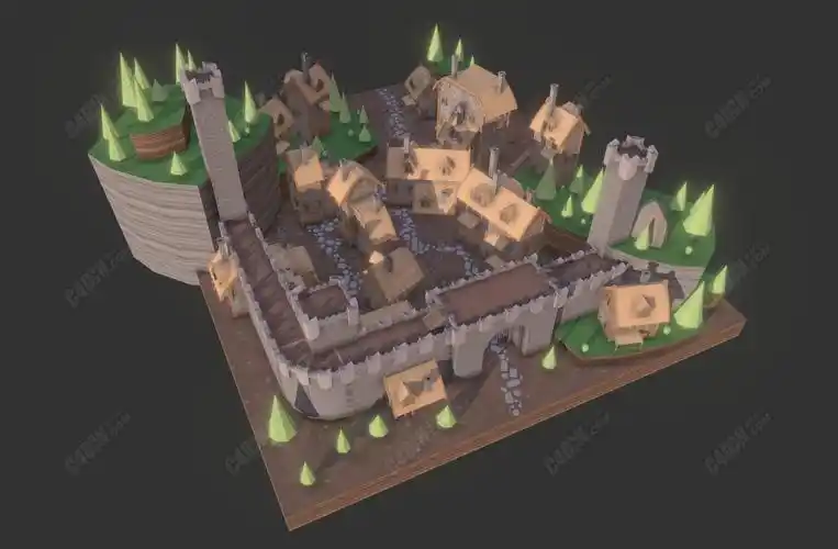 c4d中世纪卡通城堡村庄模型