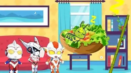 小奥特曼们帮小毛毛虫爬上架子吃蔬菜,吃完睡着了