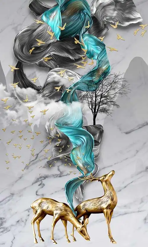 xt95507北欧晶瓷画抽象曲线飘带金鹿金箔大理石纹蓝色玄关