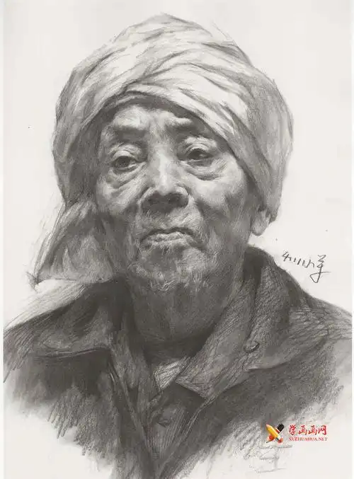 缠头巾的老农的素描头像画法高清图片临摹素材