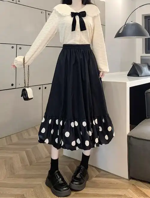 实拍实价 韩版新款宽松高腰显瘦点点花苞裙百搭中长半身裙灯笼… - 17