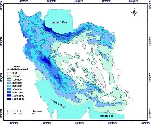 伊朗降水分布图由于降水稀少,伊朗河流较少,且大部分河流都是季节性