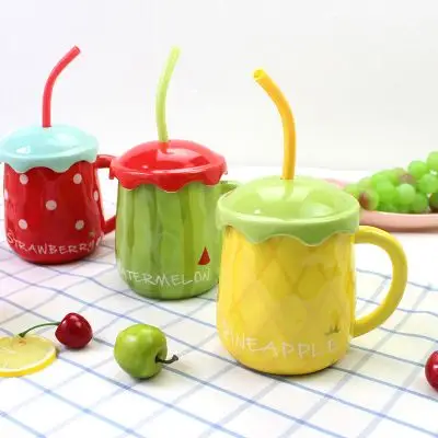 夏日水果马克杯仿真陶瓷西瓜杯韩式 带盖送成人 水杯460ml