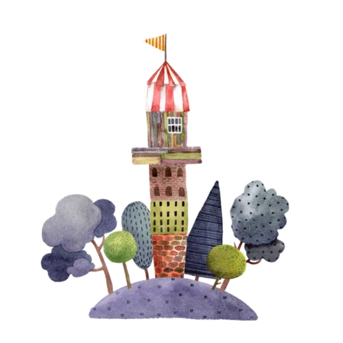 手绘城堡动物童话故事水彩卡通图案包装png免抠设计素材 (2)